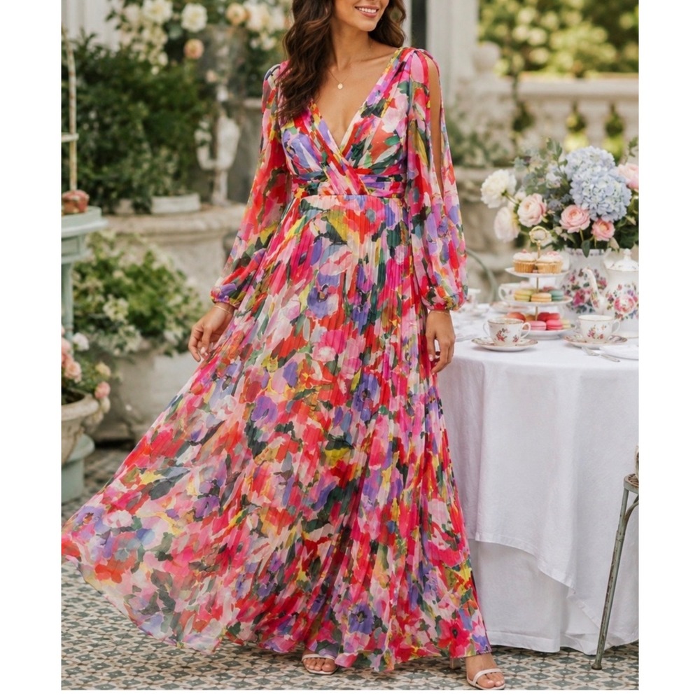 Betsy & Adam Floral Pleated Maxi Dress Multi Color Cold Shoulder Gown Size 8